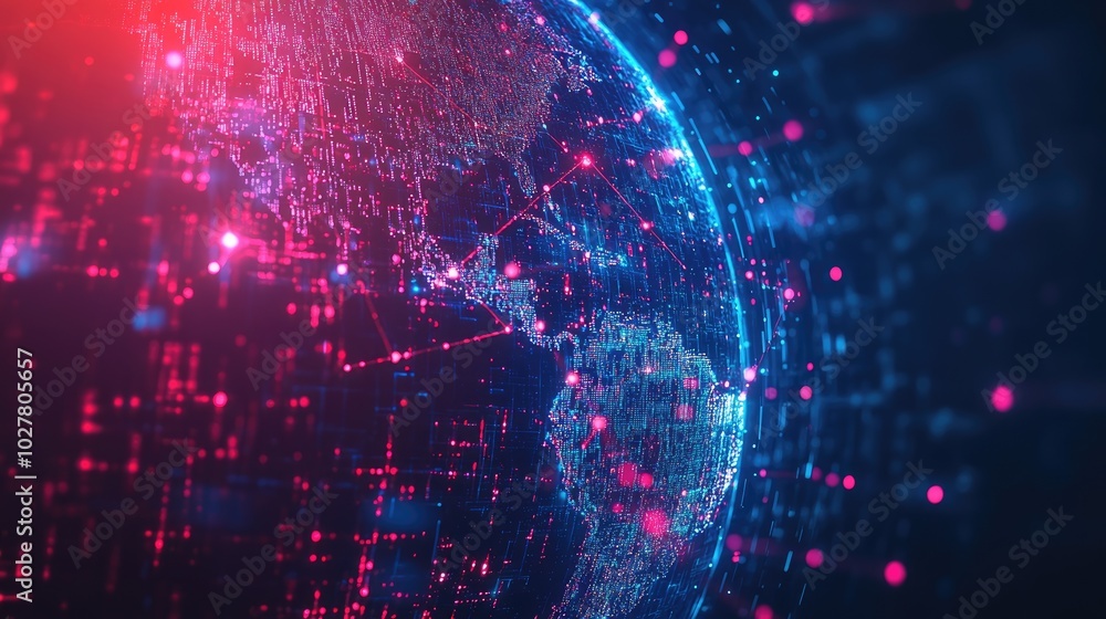 Poster futuristic globe with a network of vibrant connections and glowing data nodes, symbolizing global te