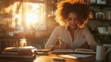 A woman with curly hair writes intently in a notebook on a sunlit desk, surrounded by books and a jar, as warm sunset light illuminates her concentrated expression.