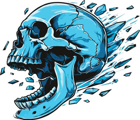 Exploding Blue Cracked Skull Vector with Open Mouth &ndash; Dynamic and Detailed Design