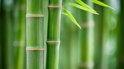 Obraz premium Close-up of Two Green Bamboo Stalks with a Single Leaf