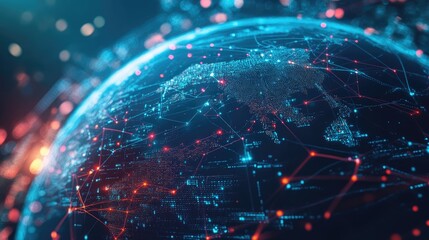 Futuristic globe with a web of digital connections and data streams, highlighting global network integration