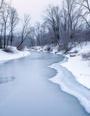 A river with ice and a line of trees in the background