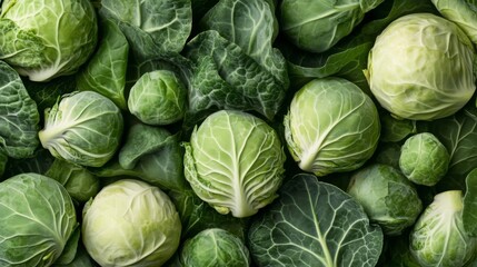 Fototapeta premium Close-up of Green Brussels Sprouts and Leaves