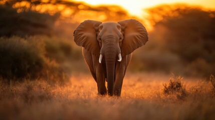 Obraz premium This evocative image shows an elephant illuminated by the golden hues of a sunset in a wild savannah, evoking a sense of peace and connection with nature's grandeur.