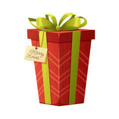 Tall Christmas gift box. Rectangular red package with green bow and Merry Christmas label. Vector isolated element