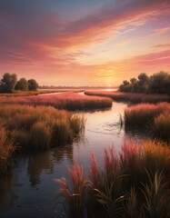 Fototapeta premium A sunset over a marsh with reeds and water and trees