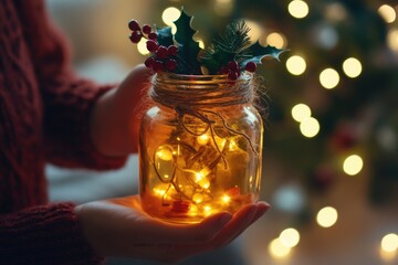 Woman holding a glowing christmas lantern made from a recycled jar with a christmas tree in the...