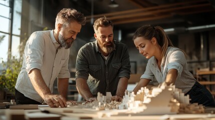 A diverse team focused intently on collaboratively working on a detailed architectural model in a stylish workspace, symbolizing teamwork, innovation, and creativity in design.
