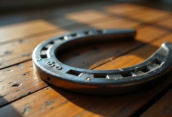 A close-up of a shiny horseshoe resting on a wooden surface, with intricate designs engraved into the metal, highlighting the curved shape and the nail holes create with ai