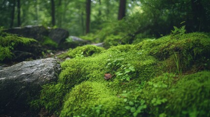 Fototapeta premium Lush Green Moss Covering Rocks in a Forest