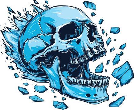 Exploding Blue Cracked Skull Vector with Open Mouth &ndash; Dynamic and Detailed Design