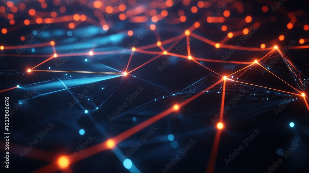 Poster futuristic network of interconnected glowing nodes and lines in a dark abstract space