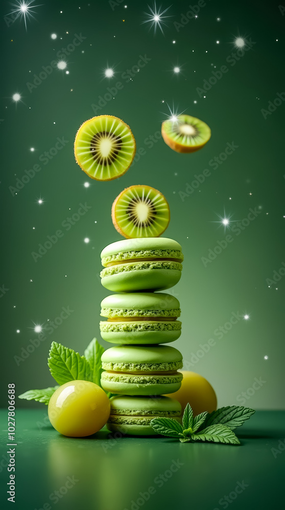 Poster an artistic display of beautifully stacked green macarons topped with floating kiwi slices. the scen