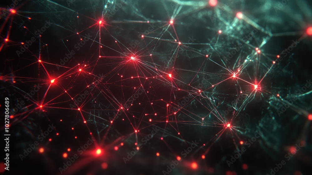 Poster futuristic network of interconnected glowing nodes and lines in a dark abstract space