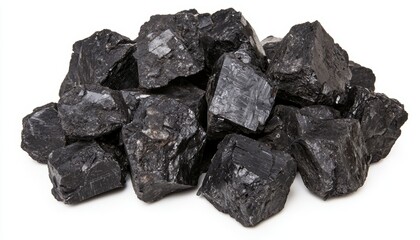 Obraz premium Pile of black coal chunks isolated on a white background, showcasing raw energy resources with rough texture