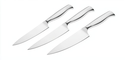 Obraz premium Polished stainless steel knife set with clean, sharp blades and a modern aesthetic, isolated on white, perfect for a contemporary kitchen