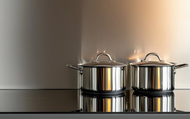 Polished stainless steel pots with lids, sitting on a sleek stovetop, reflecting a modern kitchen backsplash in warm lighting
