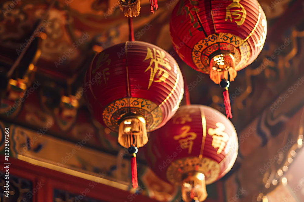 Poster three red lanterns with chinese characters are hanging from the ceiling. the lanterns are of differe