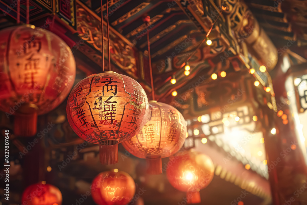 Poster three red lanterns with chinese characters are hanging from the ceiling. the lanterns are of differe