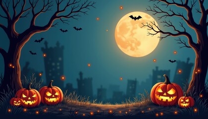 Fototapeta premium Halloween pumpkin in creepy card, cobweb on wall, night sky. October wallpaper for spooky event, happy lantern lights celebration.