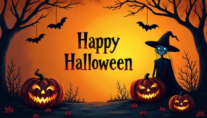 Pumpkin glows in Halloween greeting card, scary bat in sky. Autumn celebration with mystery house, eerie moon in night.
