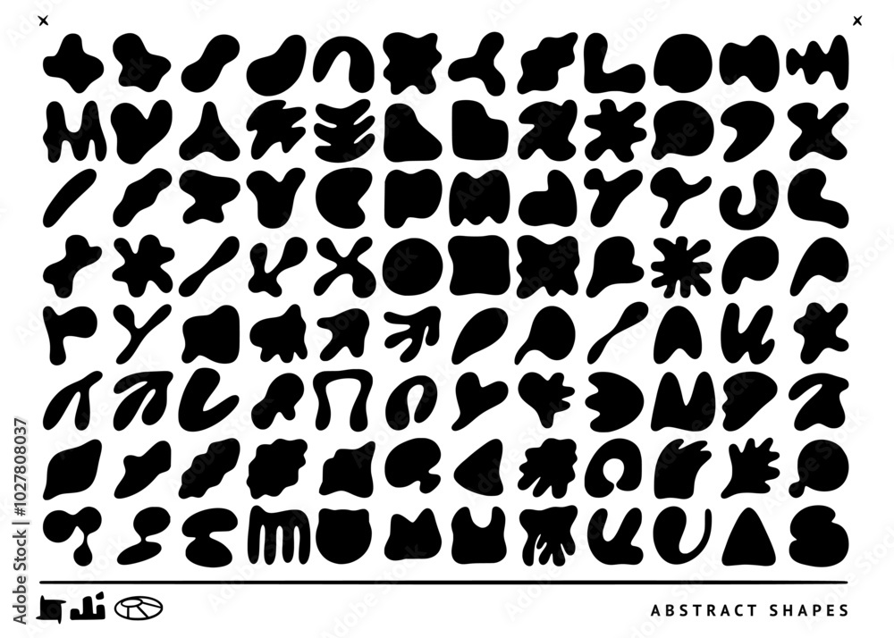 Poster blob shapes. abstract organic form. irregular liquid circle. round bubble. black silhouette blotch. 
