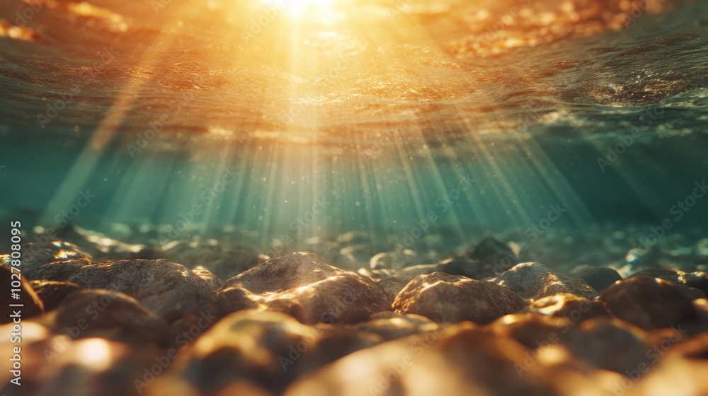 Poster a mesmerizing view of sunlit rocks beneath water, illuminated by golden rays that create a tranquil 