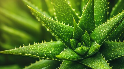 Close-up of Dew-Covered Aloe Vera Plant with Spiky Leaves