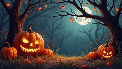 Pumpkin glows in Halloween card, bat flies in creepy night sky. Autumn greeting for holiday event, mystery lantern on house wall.