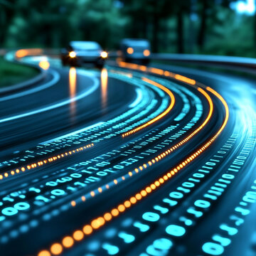 Digital light patterns with binary code create dynamic scene on winding road, symbolizing technology and innovation. glowing lines evoke sense of speed and modernity