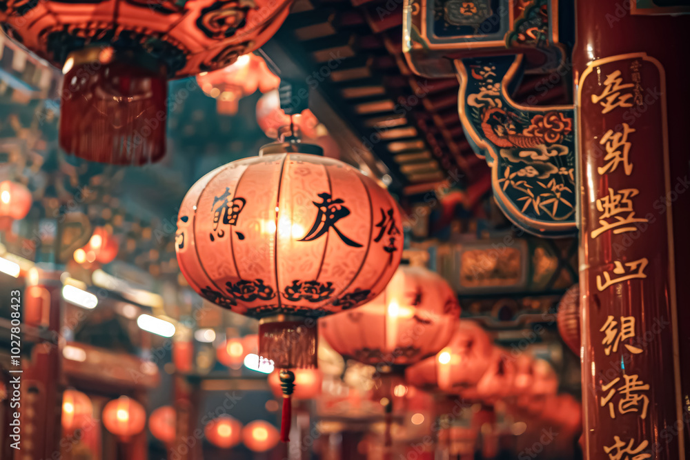 Poster row of chinese lanterns hang from the ceiling, each with a different design and color. the lanterns 