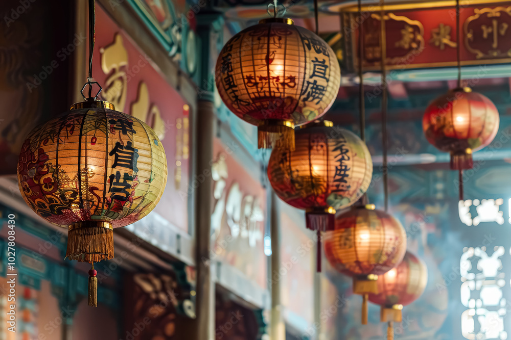 Poster row of chinese lanterns hang from the ceiling, each with a different design and color. the lanterns 