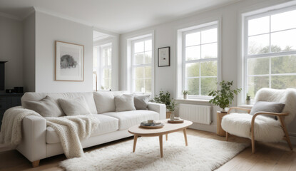 Interior photo in the style of aesthetic minimalism, leather stylish sofa decorative fur in beige tones