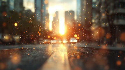 An urban street is artistically depicted with bokeh lights and the glowing sunset, highlighting the towering skyscrapers, creating a modern cityscape ambiance.