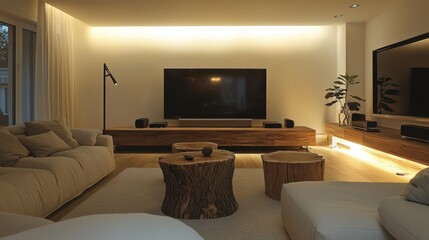 A contemporary living room with soft lighting, white walls, a large TV, wooden furniture, and a tree stump as a unique end table