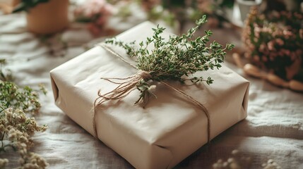 A photo of an elegant, wrapped gift with natural twine and dried thyme tied around it, sitting on top of a vintage-style tablecloth