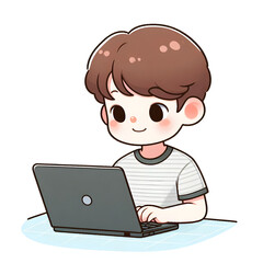 Cute boy using laptop computer, studying or working online