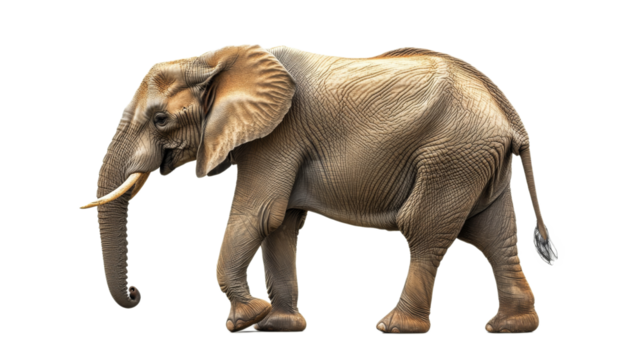 An adult elephant walking steadily across a plain during daylight hours