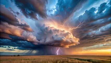 Extreme close-up of thunderstorm in sky above open landscape