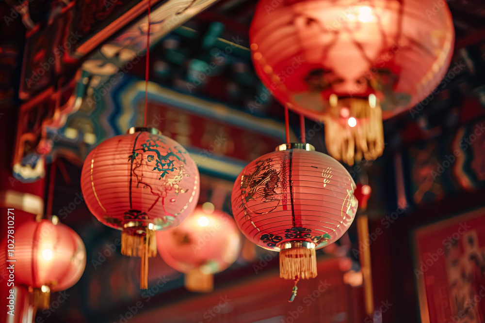 Poster row of chinese lanterns hang from the ceiling, each with a different design and color. the lanterns 