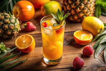 exotic tropical sunset punch with orange, pineapple, mango, soda