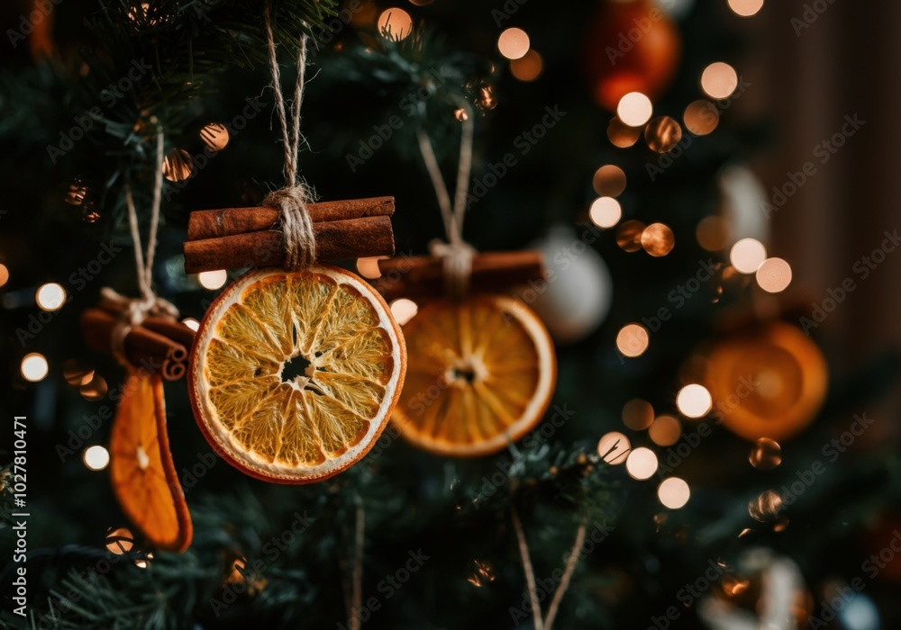 Wall mural christmas tree decorated with hanging diy ornaments made with dried orange slices and cinnamon stick