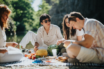 Group of friends having a relaxed summer picnic by the riverside. Smiling and enjoying fresh fruit and snacks, surrounded by nature on a sunny day.