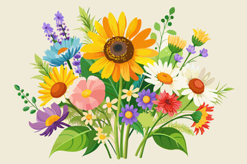 Naklejka premium A summer bouquet with vibrant sunflowers, daisies, and wildflowers