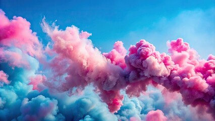 Fototapeta premium Extreme close-up of pink smoke clouds against a blue sky background