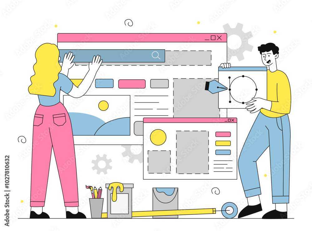 Aufkleber people create website. man and woman developing design elements for website. freelancers and remote 