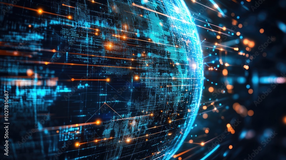 Poster high-tech digital globe with interconnected network lines and vibrant data points, illustrating glob