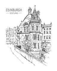 Vector sketch. Old town street in Scotland, Edinburgh. Historical building line art. Freehand drawing. Urban sketch of Edinburgh in black color isolated on white background. Hand drawn travel postcard