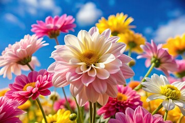 Fototapeta premium Extreme close-up of pink, yellow, and white flowers with a blue sky background