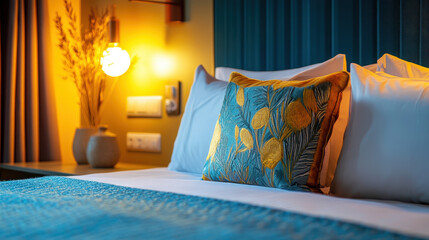 Cozy hotel room with twin beds, illuminated by warm bedside lamps, evoking a sense of comfort and hospitality. Concept of travel, accommodation, and relaxation